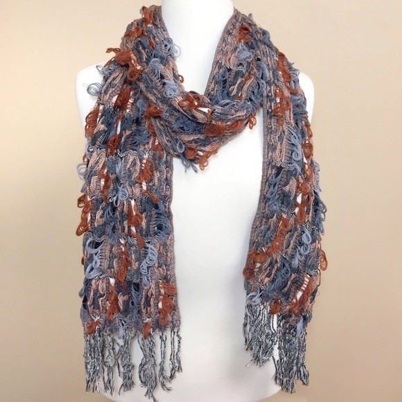 Brown & Grey Mix Thread Loop Unique Winter Fringe Long Scarf - Picture 1 of 4